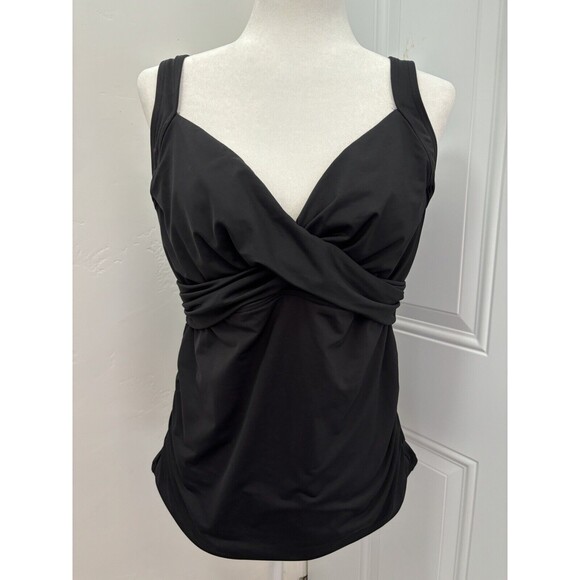 Lands End Womens 16 W Wrap Front Swim Top Black Solid Tummy Control Tankini - Picture 5 of 10
